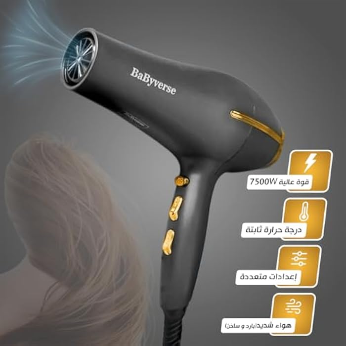 Hair Dryer Ionic Professional Blow 7500 W Fast Dry Hot & Cold Air 3 Heat 2 Speed Lightweight Overheat Protection, BA-6624 (Grey) - Image 2